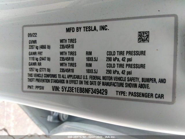 Tesla Model 3 Long Range 2022 5YJ3E1EB8NF349429 Image 11