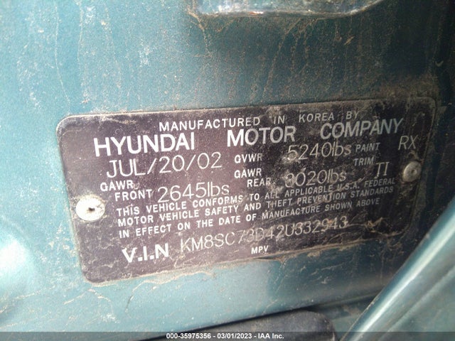 2002 HYUNDAI SANTA FE GLS/LX VIN: KM8SC73D42U332943