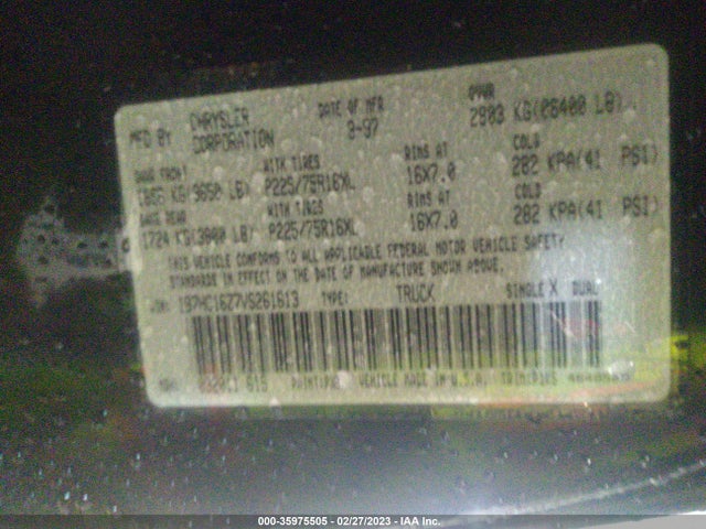 1997 DODGE RAM 1500 VIN: 1B7HC16Z7VS261613