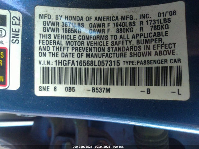 2008 HONDA CIVIC SDN LX VIN: 1HGFA16568L057315