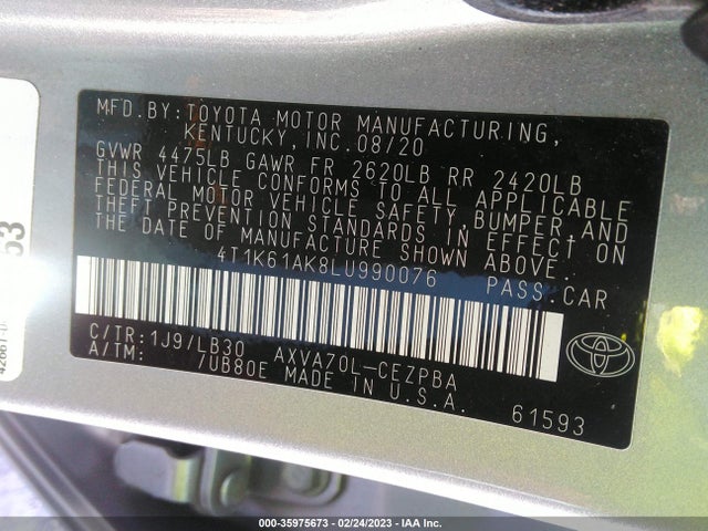 Toyota CAMRY XSE 2020 4T1K61AK8LU990076 Image 9