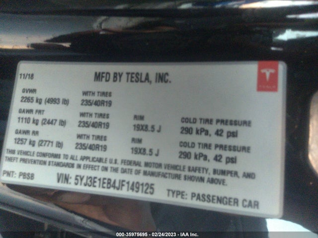 Tesla Model 3 Long Range 2018 5YJ3E1EB4JF149125 Image 9