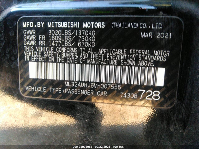 2021 Mitsubishi Mirage, VIN: ML32AUHJ6MH007555