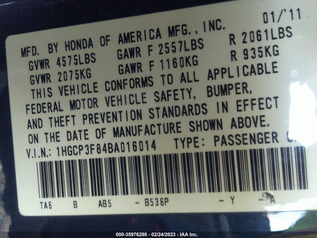 2011 HONDA ACCORD SDN EX-L VIN: 1HGCP3F84BA016014