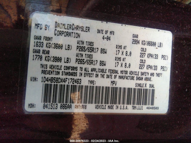 Dodge DURANGO LIMITED 2004 1D4HB58DX4F172463 Image 10