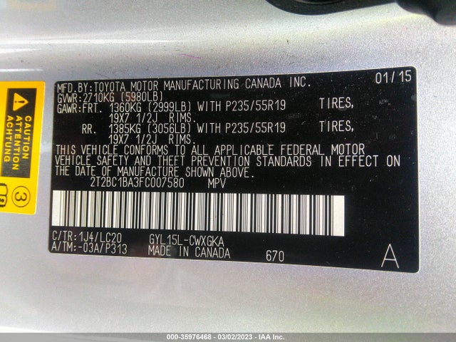 2015 LEXUS RX 450H VIN: 2T2BC1BA3FC007580
