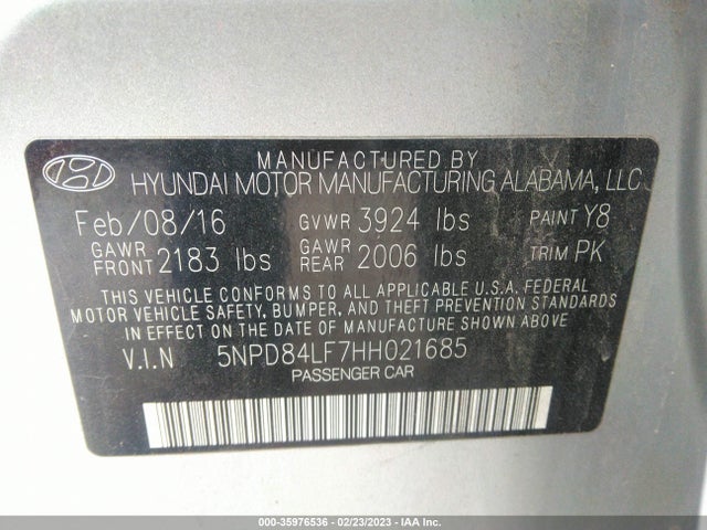 2017 HYUNDAI ELANTRA SE VIN: 5NPD84LF7HH021685