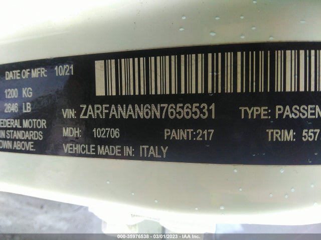 2022 Alfa Romeo Giulia, VIN: ZARFANAN6N7656531