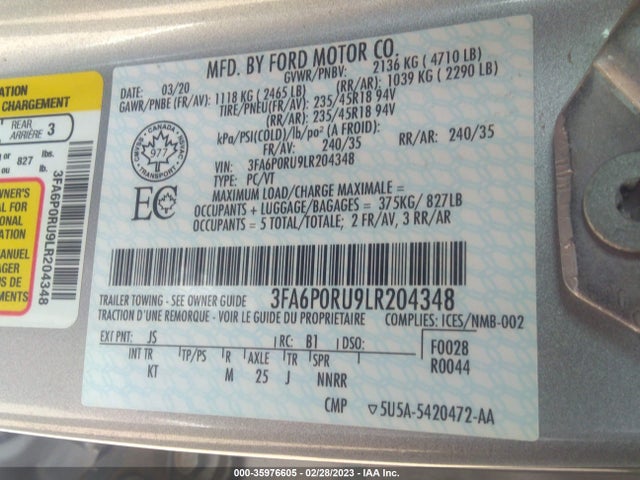 2020 Ford Fusion, VIN: 3FA6P0RU9LR204348