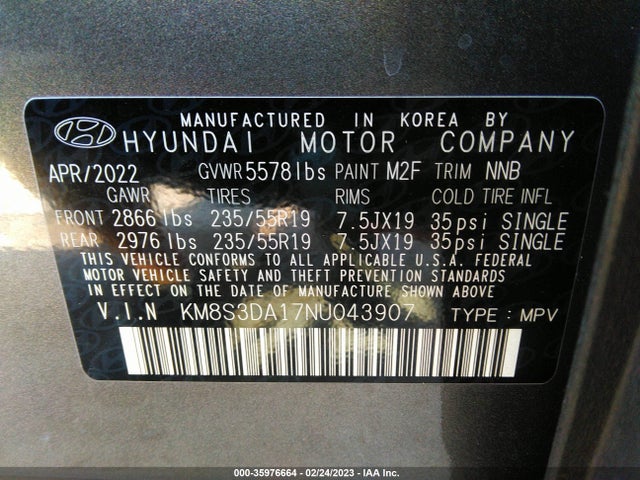 2022 Hyundai Santa Fe, VIN: KM8S3DA17NU043907