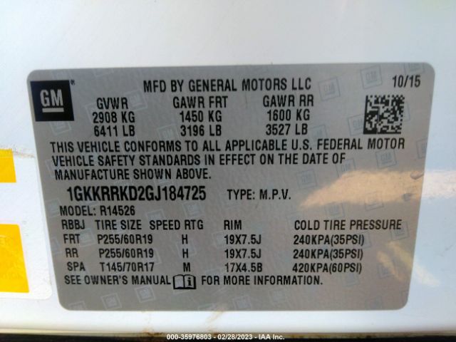 1GKKRRKD2GJ184725 GMC ACADIA SLT
