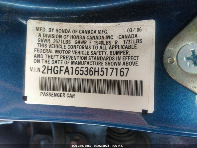 Honda CIVIC SDN 2006 2HGFA16536H517167 Image 10