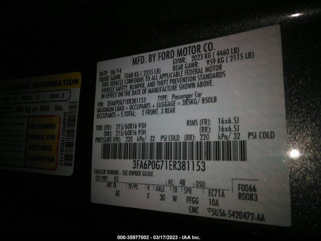 Ford FUSION S 2014 3FA6P0G71ER381153 Image 11