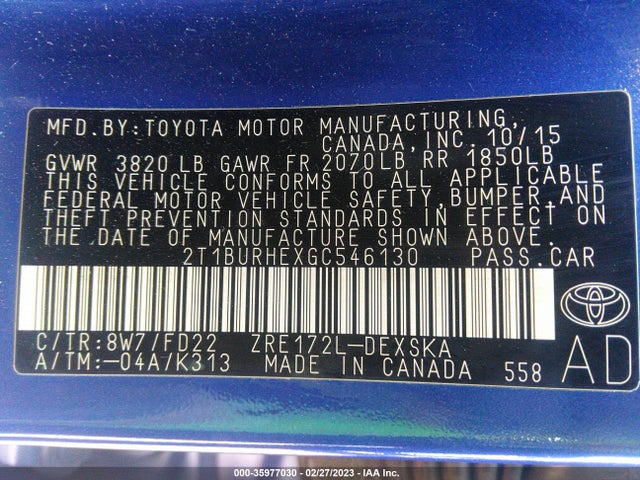 2016 TOYOTA COROLLA L/LE/S/S PLUS/LE PLUS VIN: 2T1BURHEXGC546130