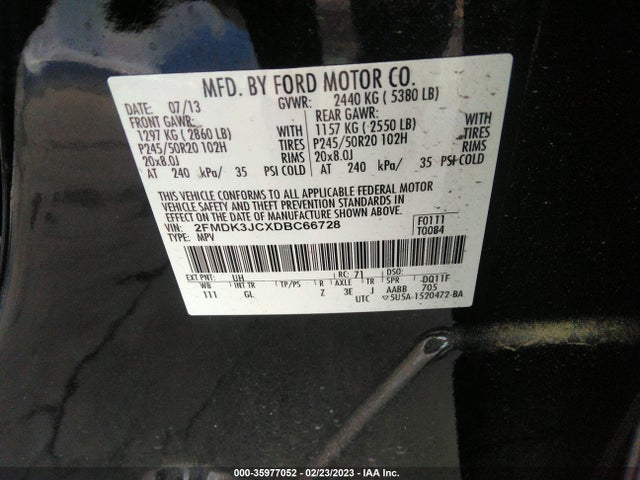 2013 FORD EDGE SEL VIN: 2FMDK3JCXDBC66728