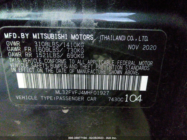 2021 Mitsubishi Mirage, VIN: ML32FVFJ4MHF01927