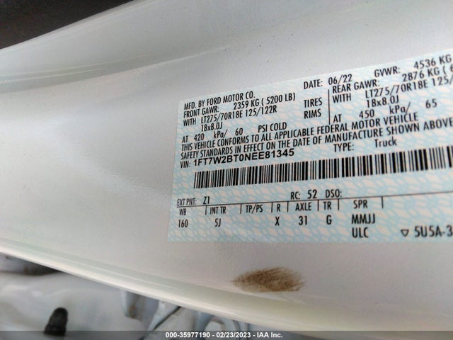 2022 Ford F-250, VIN: 1FT7W2BT0NEE81345