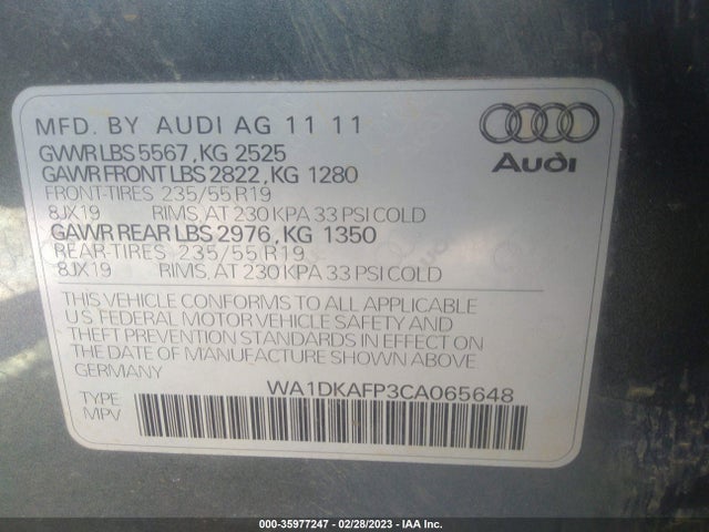 2012 AUDI Q5 3.2L PREMIUM PLUS VIN: WA1DKAFP3CA065648