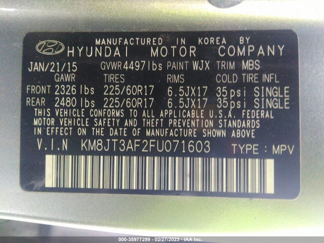 2015 HYUNDAI TUCSON GLS VIN: KM8JT3AF2FU071603