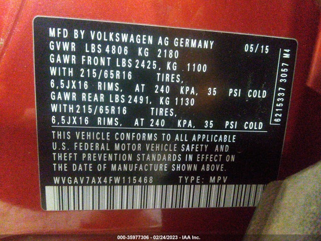 WVGAV7AX4FW115468 Volkswagen TIGUAN S