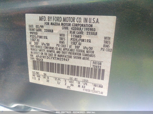 1999 MAZDA B-SERIES 2WD TRUCK SX/SE/TROY LEE VIN: 4F4YR12C7XTM25947