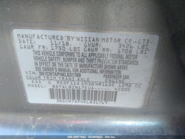 3N1CN7AP4KL831769 Nissan Versa Sedan Sv