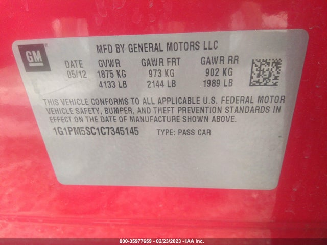 2012 CHEVROLET CRUZE LT W/2LT VIN: 1G1PM5SC1C7345145