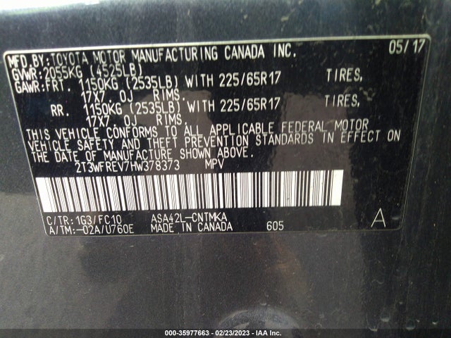 2017 TOYOTA RAV4 XLE VIN: 2T3WFREV7HW378373