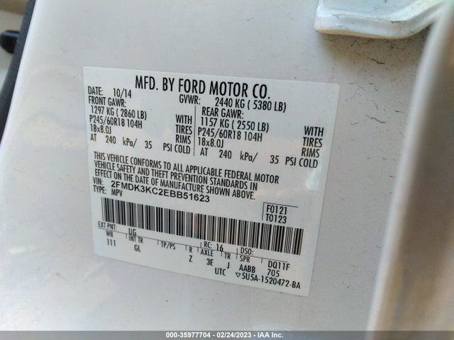 2014 FORD EDGE LIMITED VIN: 2FMDK3KC2EBB51623