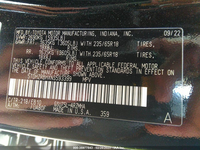 2022 Toyota Highlander, VIN: 5TDHZRBHXNS593399