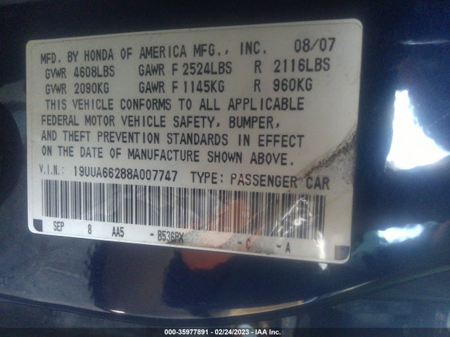 2008 ACURA TL VIN: 19UUA66288A007747