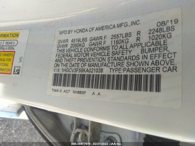 2019 Honda Accord, VIN: 1HGCV3F55KA021038