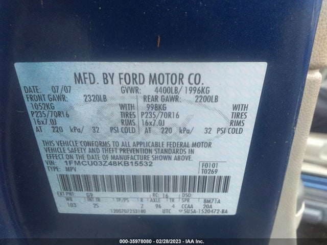 2008 FORD ESCAPE XLT VIN: 1FMCU03Z48KB15532