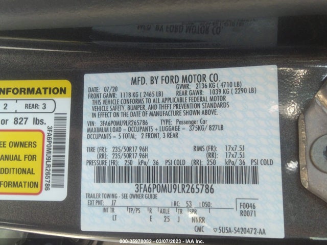 Ford Fusion Hybrid Sel 2020 3FA6P0MU9LR265786 Image 10