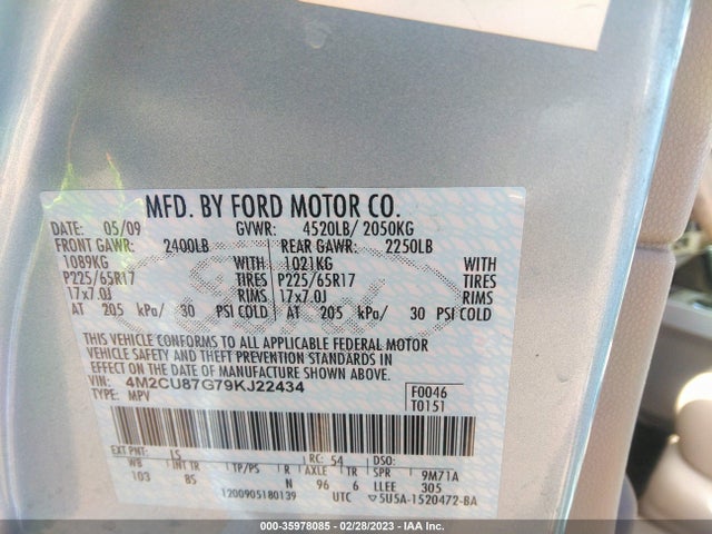2009 MERCURY MARINER PREMIER VIN: 4M2CU87G79KJ22434