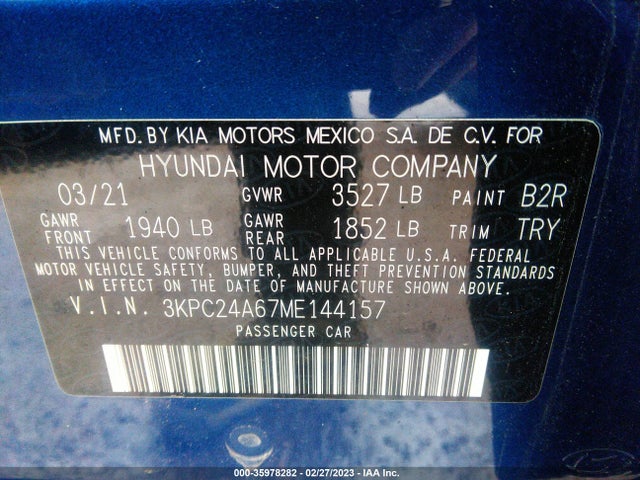 2021 Hyundai Accent, VIN: 3KPC24A67ME144157