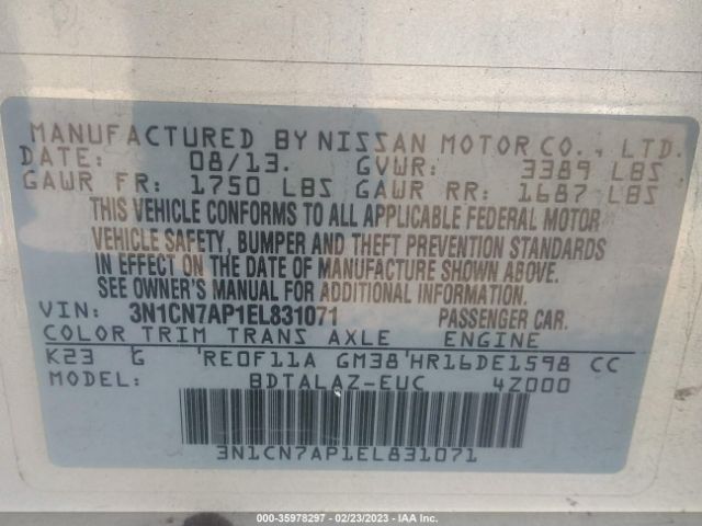 3N1CN7AP1EL831071 Nissan Versa S Plus