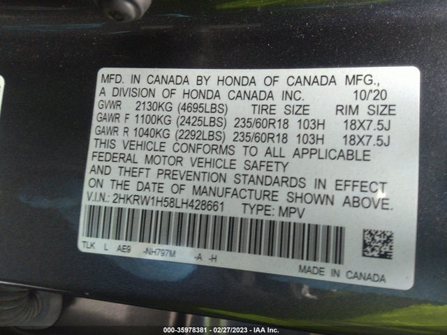 Honda CR-V EX 2020 2HKRW1H58LH428661 Image 10