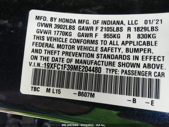 Honda Civic Sedan Ex 2021 19XFC1F39ME204480 Image 9