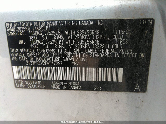 2015 Toyota RAV4, VIN: 2T3YFREV2FW147287