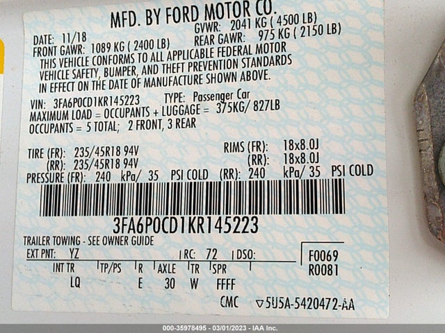Ford FUSION SEL 2019 3FA6P0CD1KR145223 Image 9