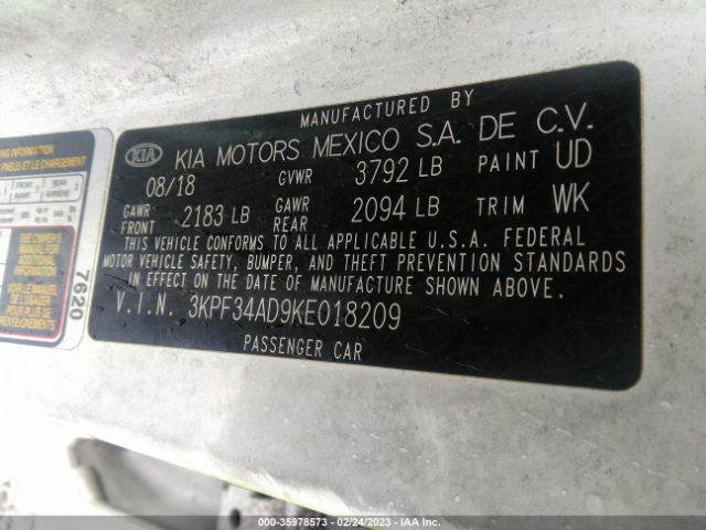 3KPF34AD9KE018209 KIA FORTE S
