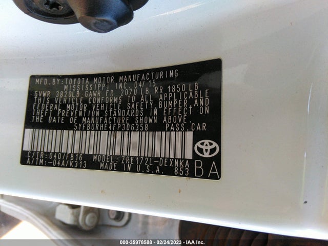 2015 TOYOTA COROLLA L/LE/S/S PLUS/LE PLUS VIN: 5YFBURHE4FP306358