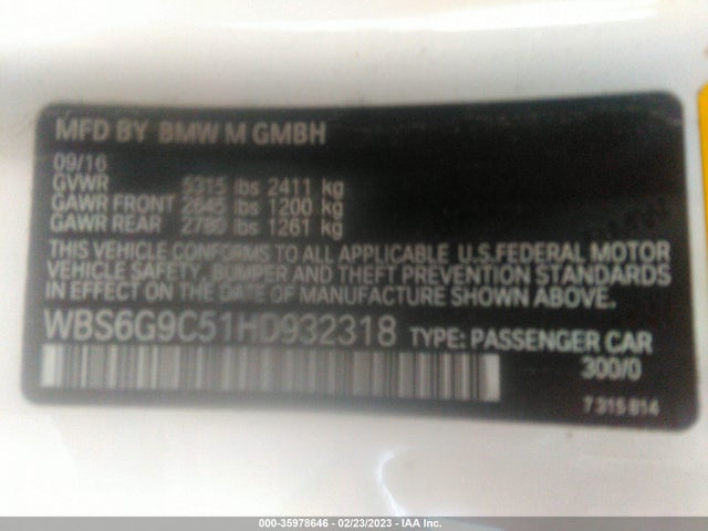 2017 BMW M6, VIN: WBS6G9C51HD932318