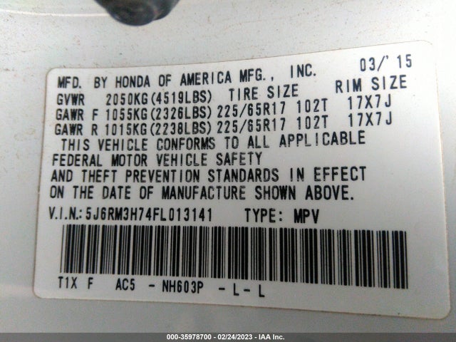 Honda CR-V 2015 5J6RM3H74FL013141 Image 10