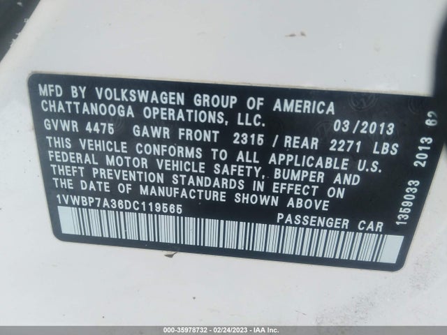 2013 VOLKSWAGEN PASSAT SE W/SUNROOF VIN: 1VWBP7A36DC119565