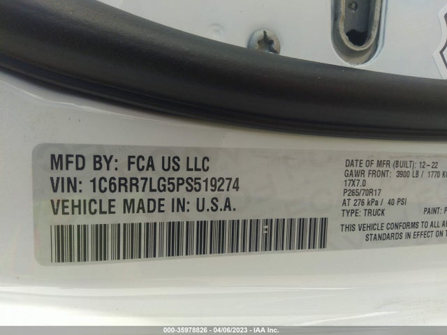 2023 RAM 1500 CLASSIC SLT VIN: 1C6RR7LG5PS519274
