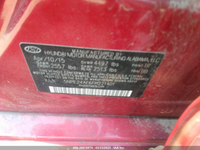 2015 HYUNDAI SONATA 2.4L SE VIN: 5NPE24AF6FH221401