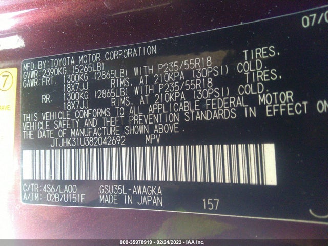 JTJHK31U382042692 Lexus RX 350