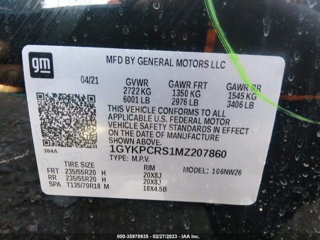 1GYKPCRS1MZ207860 Cadillac Xt6 Premium Luxury